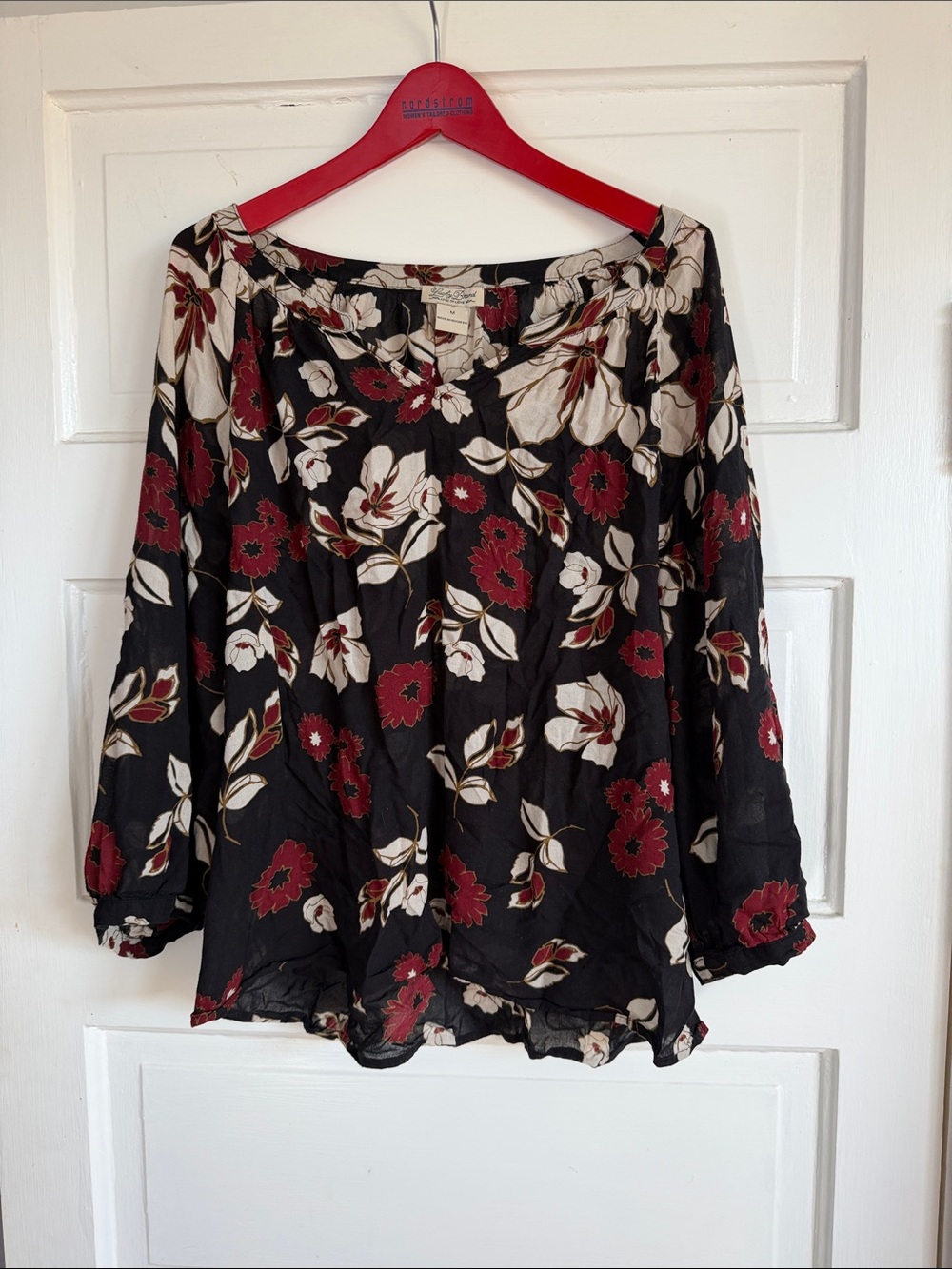 Lucky Brand Black Floral Dolman Sleeve Blouse with Burgundy and Cream Flowers